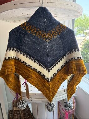 Handknit Triangular Shawl in Navy, Mustard, and Cream